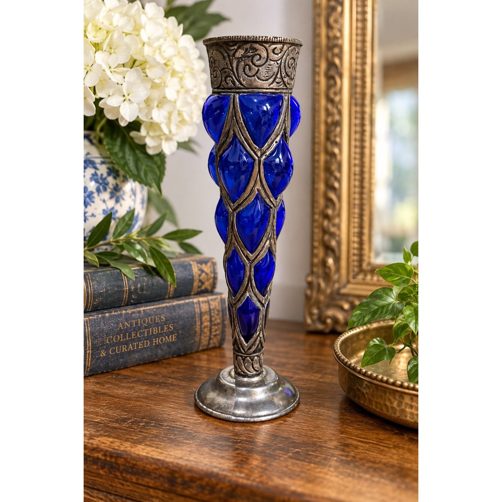 Vintage Cobalt Blue Glass and Silver Tone Metal Filigree Bud Vase 10 Inch unique